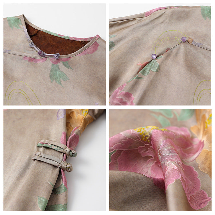 national style new Chinese printing design sense split silk cheongsam dress slim slim dress M6065