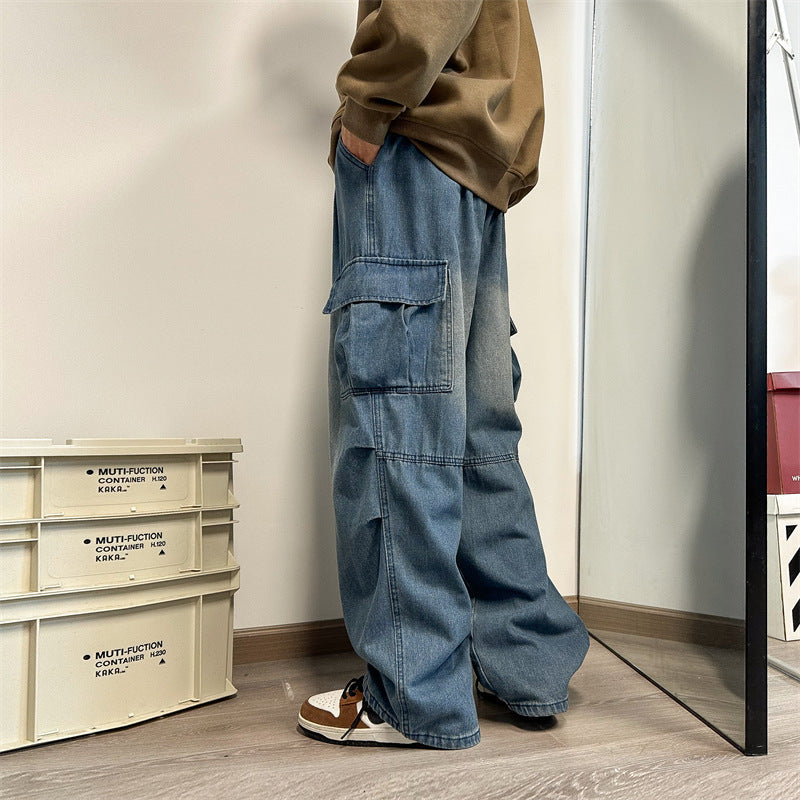 saferido -shop guys fits Intfeday Japanese Harajuku Style Vintage Distressed Jeans Men's Loose Straight Overalls