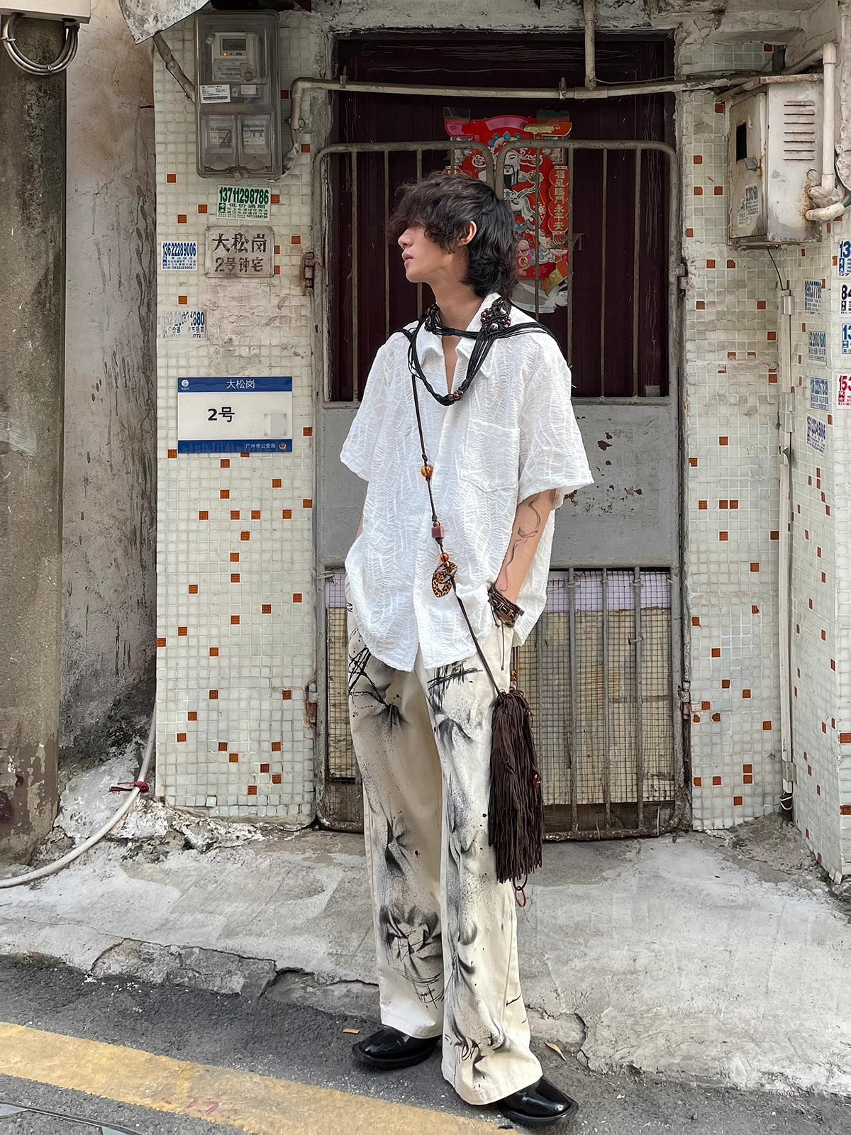 Retro niche Yohji Yamamoto style pleated free ironing Cuban collar jacquard design short-sleeved shirt men's summer new style