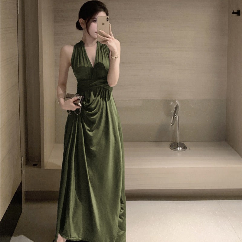 2025 high-end sense high-cold imperial sister style neck dress green evening dress high-end light luxury niche long dress summer