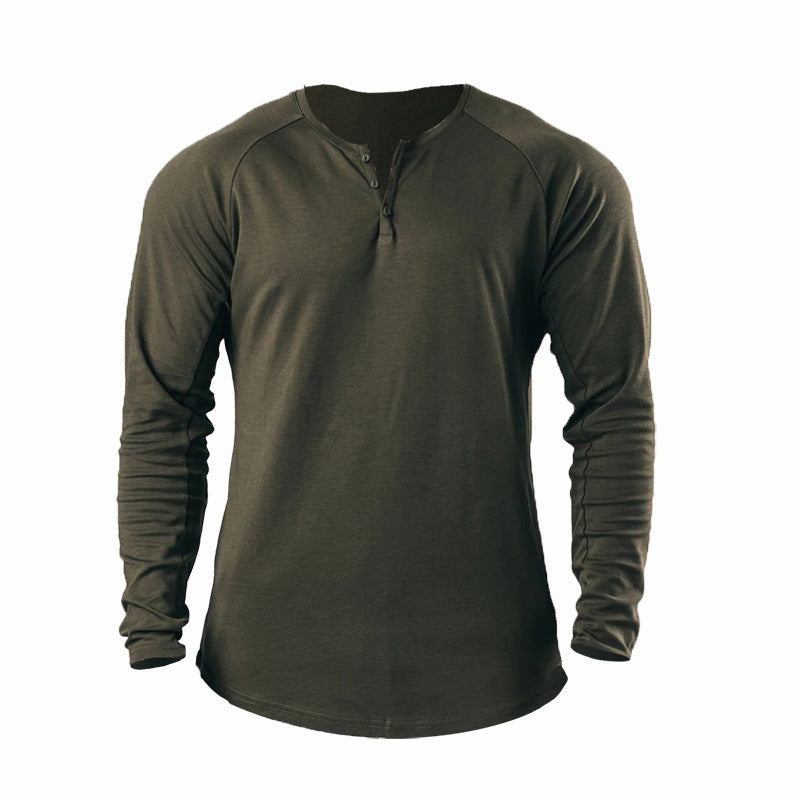 saferido      -shop men’s fashion Retro Henley Shirt Long-Sleeved T-shirt Solid Color Sports Fitness Bottoming Shirt Men's Cotton Stretch Thin V-neck Cardigan
