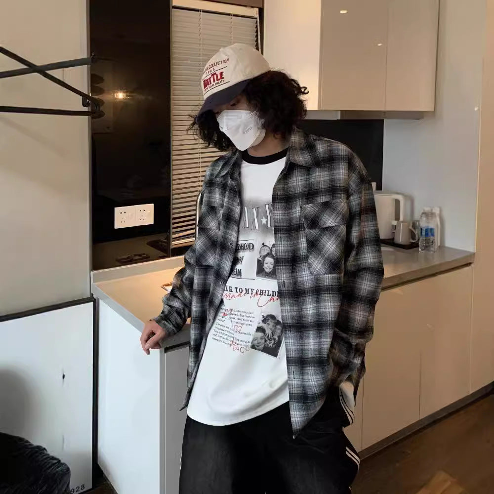 saferido      -shop men fall outfits American Autumn and Winter New Brushed Thickened All-Match Long-Sleeved Shirt Men's Plaid Casual Retro Couple