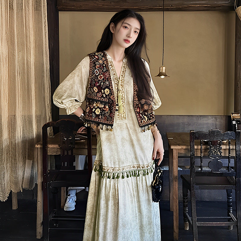 National style retro ethnic style design long dress summer webbing drawstring high-end light luxury dress women N4080