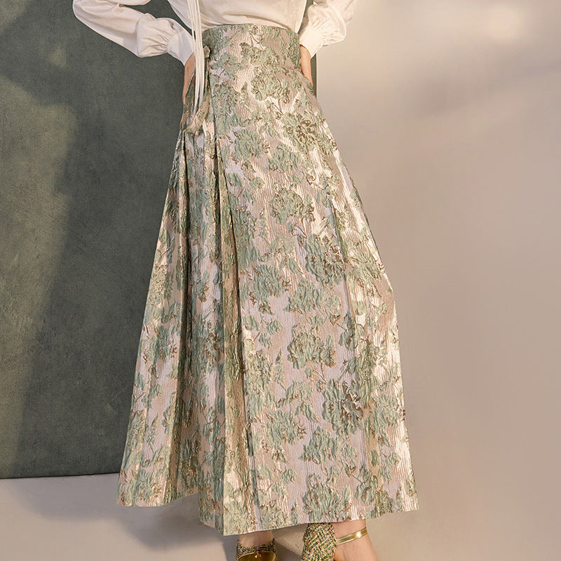 New Chinese style satin design top jacquard horse skirt high-end temperament shirt set LZ555