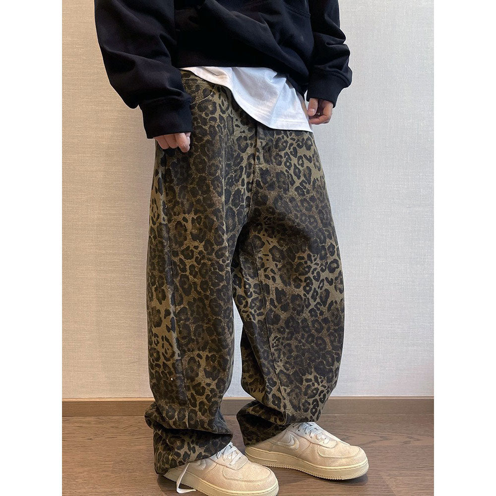 autumn and winter new American retro design niche workwear leopard print loose casual versatile pants men INS