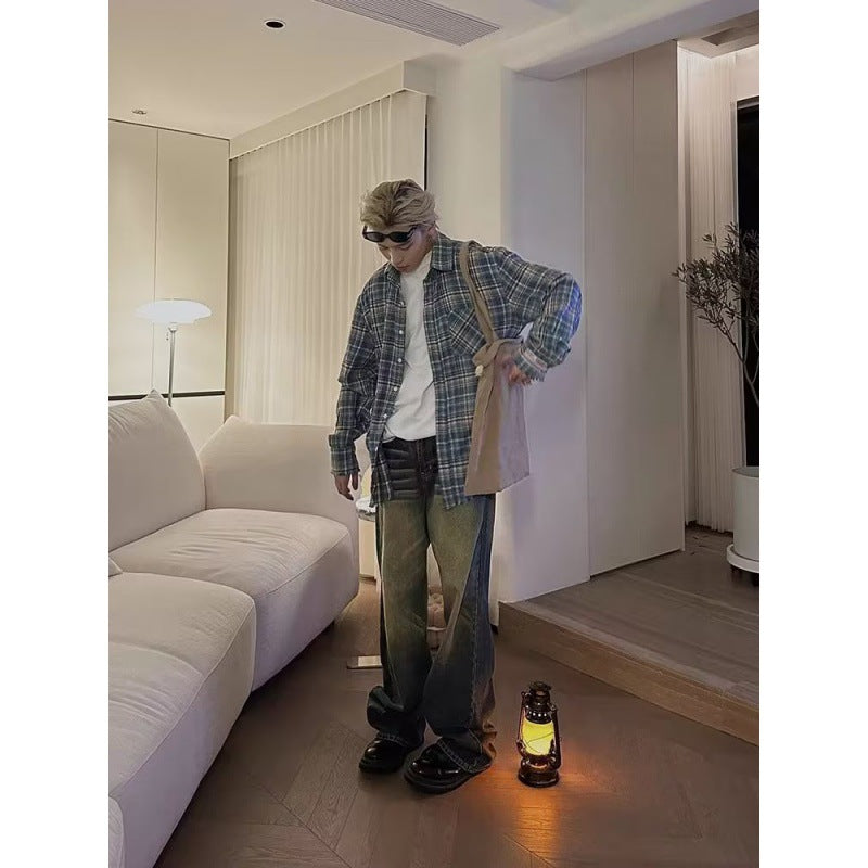 saferido      -shop 90s fashion men American Retro Plaid Shirt Street Casual All-Match Plaid Loose Plaid Long Sleeve Fashion Brand Shirt for Men and Women