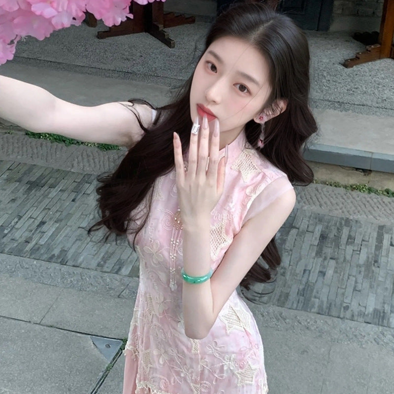 New Chinese style summer temperament peach blossom embroidered cheongsam slim split end sexy dress women's clothing N4091