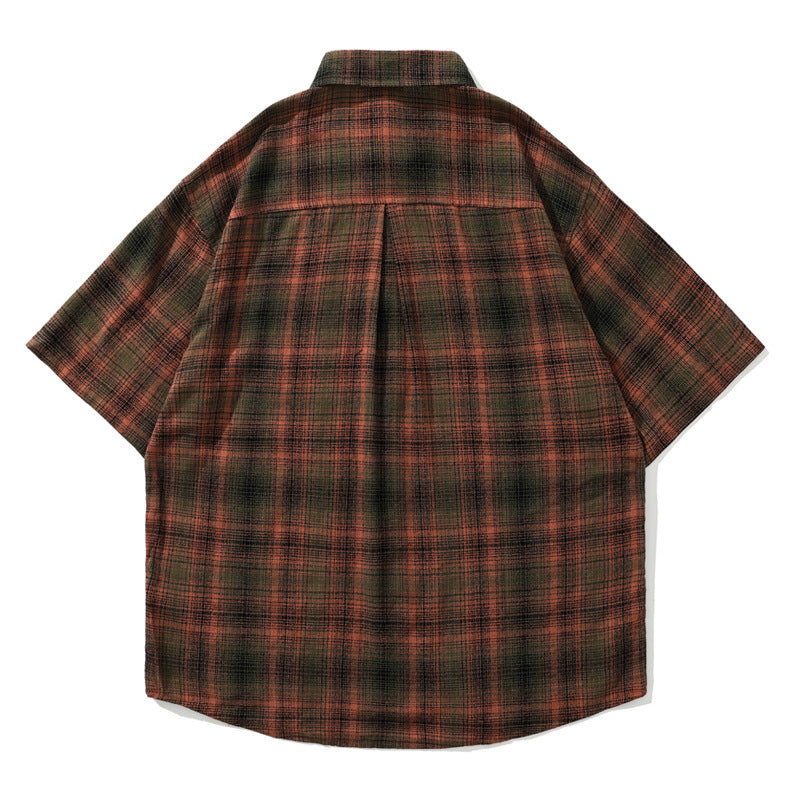saferido -shop shirt Japanese Style Retro Artistic Youth Plaid Short Sleeve Shirt Men's and Women's Mori Cityboy Profile Half Sleeve Striped Shirt