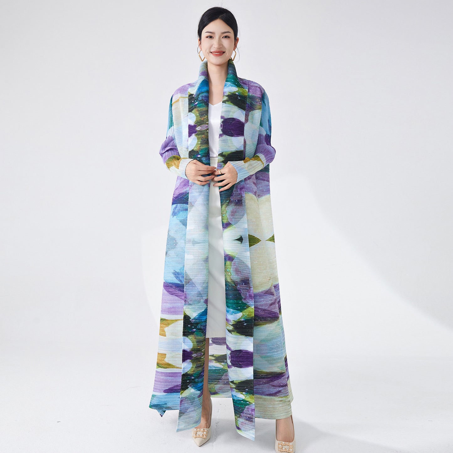2025 Muslim robe women's long skirt Popular trade robe high-end printing loose lace-up lapel cardigan jacket autumn