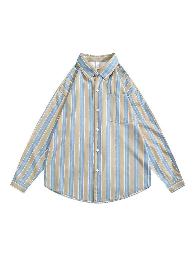 Lazy striped thin sunscreen long-sleeved shirt men's American retro literary men and women trendy neutral style autumn shirt