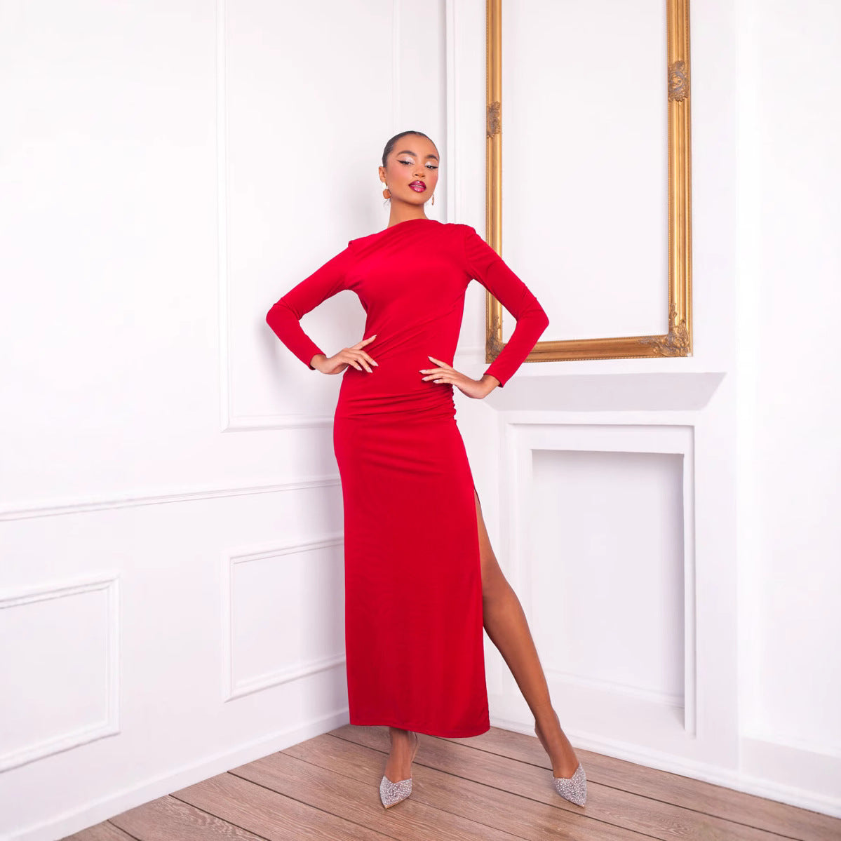 SAFERIDO 2025 popular style sexy Spice Girls women's clothing autumn long-sleeved backless side split temperament solid color dress evening dress