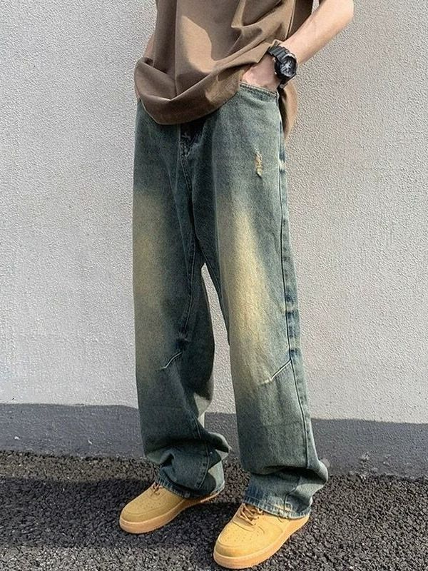 Washed distressed jeans for men American retro spring and autumn loose wide-leg straight-leg floor-length trousers street-style cool pants