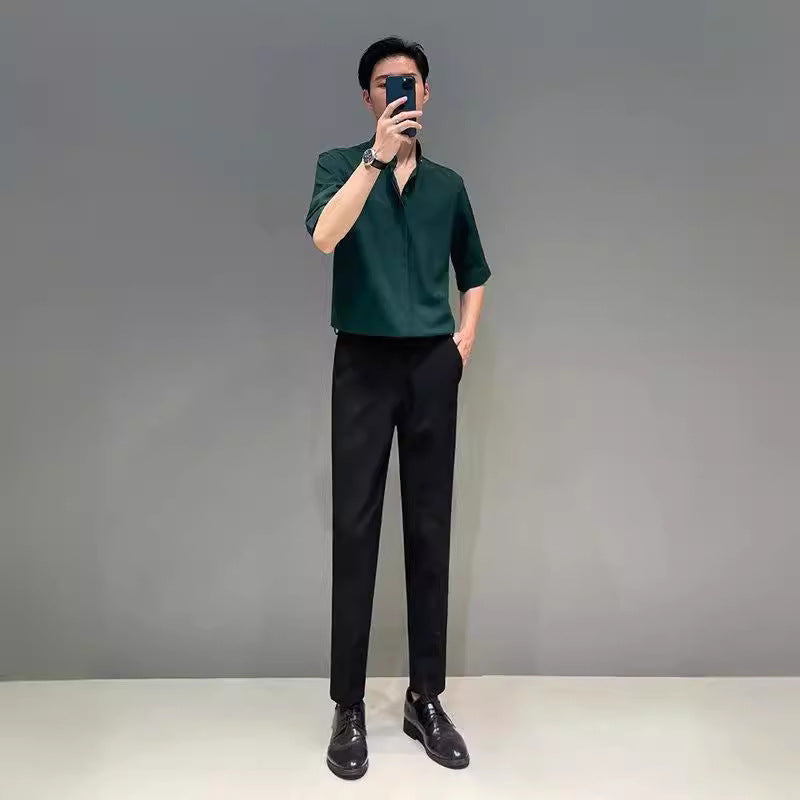 saferido -shop classy outfits men New Chinese Style Stand Collar Short-Sleeved Shirt Men's Summer New Niche Shirt Trendy Ice Silk Drape All-Match Top