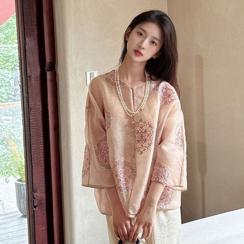 New Chinese style loose mulberry silk shirt women's summer thin high-end design loose top M6032