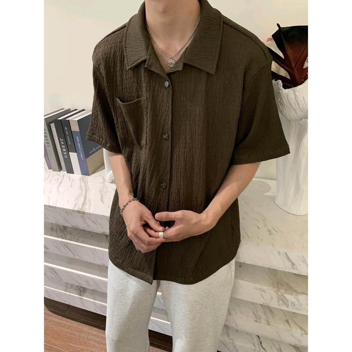 saferido frat boy outfit Korean Style Pleated Texture Short Sleeve Shirt 2024 New Men's High Sense Ins Youth Pointed Collar Popular Korean Style Shirt