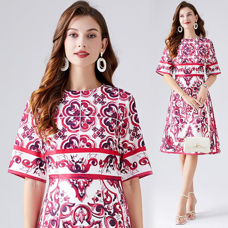 Summer 2025 retro court style temperament short-sleeved round neck waist thin medium and long celadon printed hip-wrapped dress