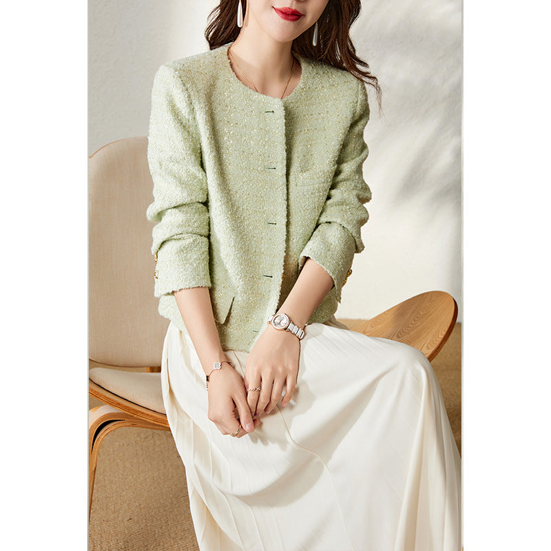 2025 Wool tweed spring and autumn small fragrant jacket new autumn clothing short candy green top women's spring clothing