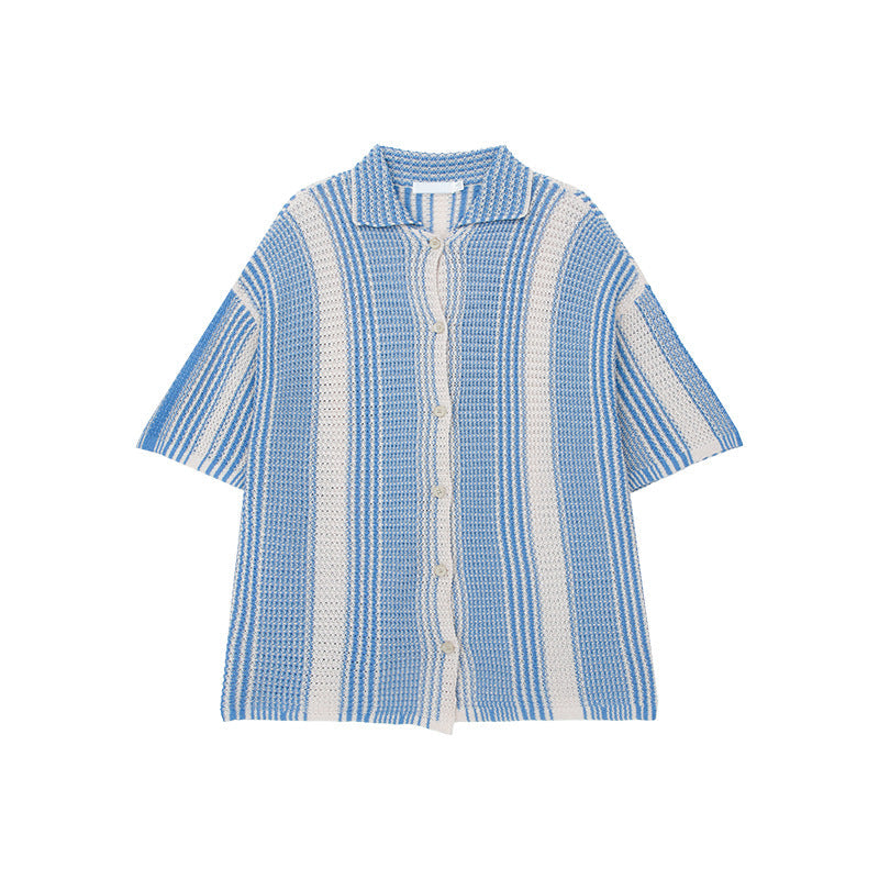 American style niche contrast color short-sleeved shirt men summer new style trend loose lapel casual knit sweater top