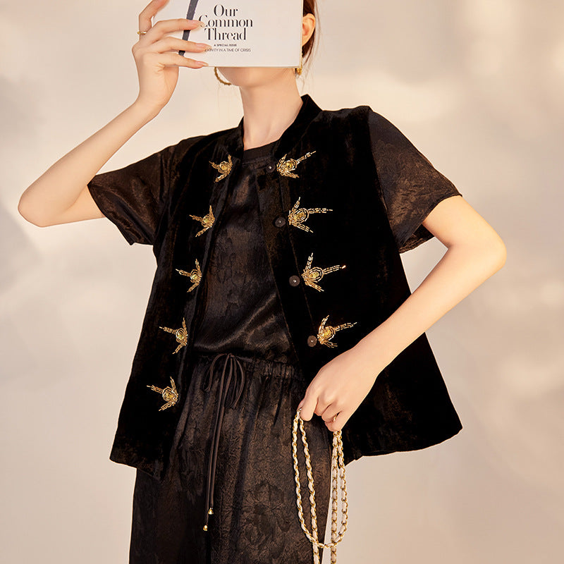new national style sequins simple vest new Chinese temperament design sense light luxury solid color top women M6043