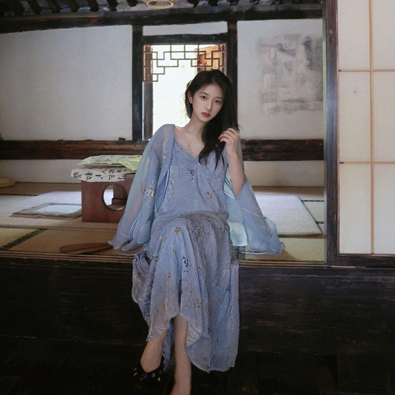summer, national style light luxury printing beautiful retro mulberry silk celebrity style shirt high-end skirt set M6089