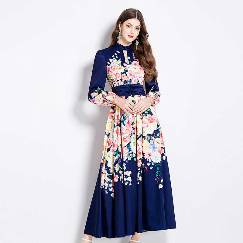Hot trade export women's clothing popular retro court style long dress temperament V-neck waist thin dress women