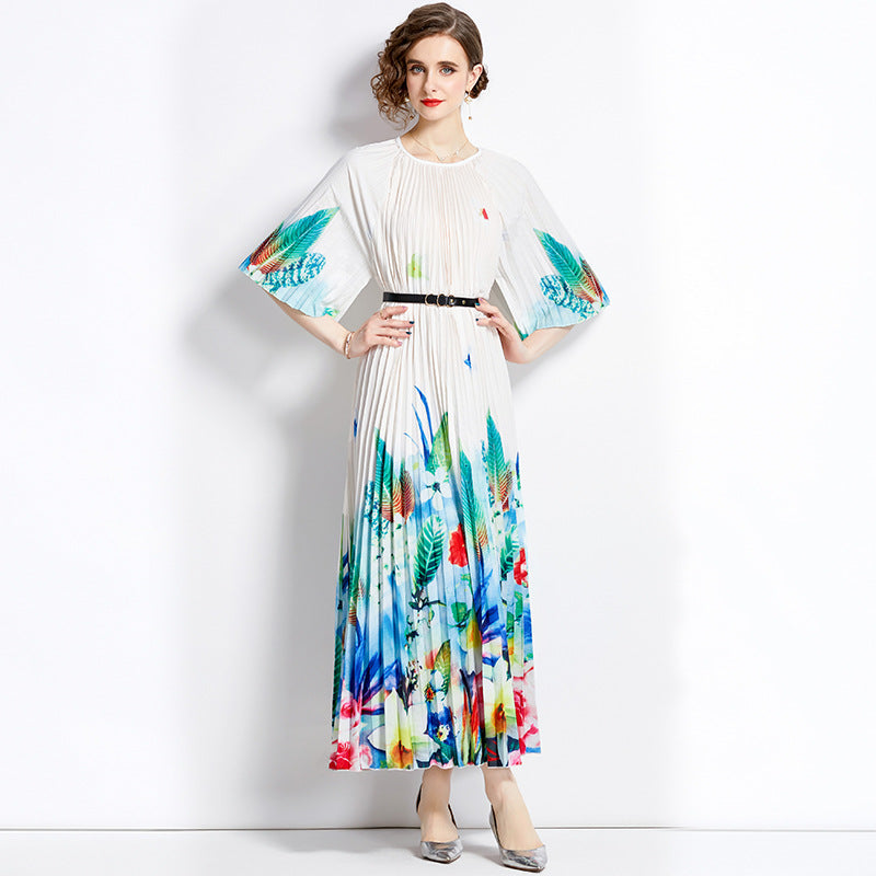 popular new literary and artistic style niche high-end positioning printing Miyake middle-sleeved crew neck dress