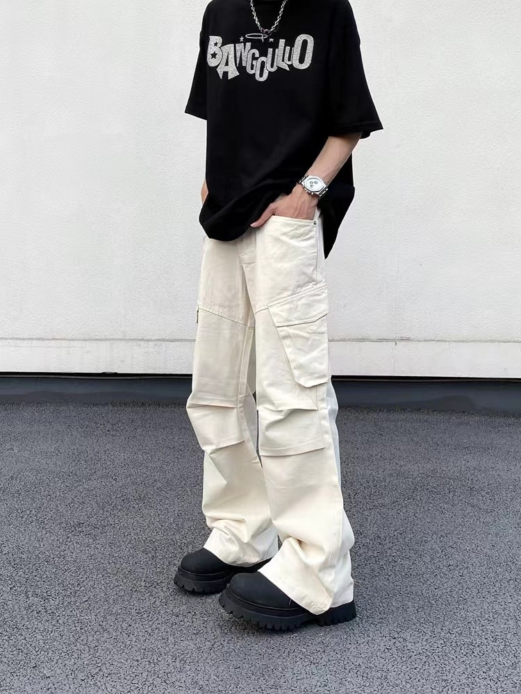 American cleanfit multi-pocket paratrooper overalls men's high street loose pleated design straight casual pants