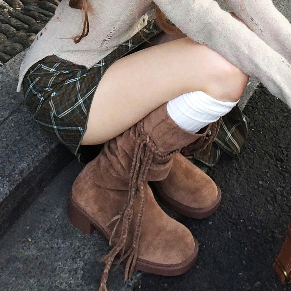 2025 popular Autumn/Winter Brown Tassel Boots Vintage Wasteland Knight Boots British Academy Pile Medium Boots Women