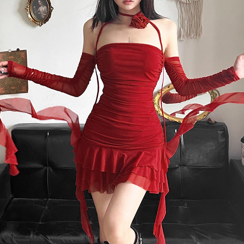 Cross-border 2025 style popular summer new women's clothing solid color sexy one-word collar fashion strap hip dress