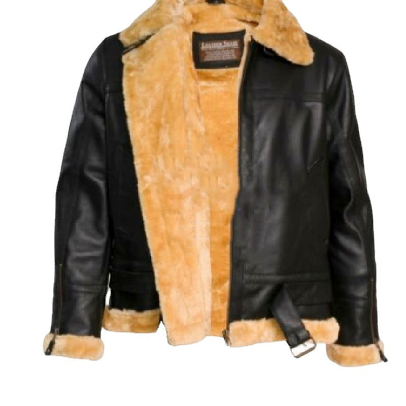 2025 winter New new fit belt lapel casual zipper men's fur jacket