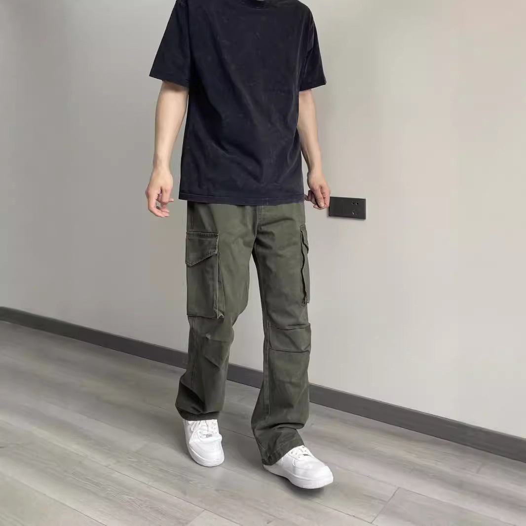 saferido fall outfits men Overalls American Street Retro Button Design Men's Straight Loose Large Pocket Straight Vibe Trousers