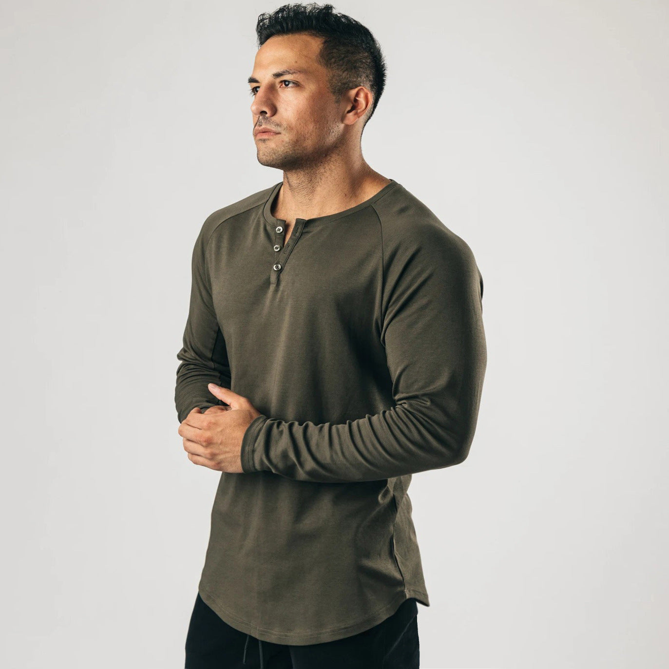 saferido      -shop men’s fashion Retro Henley Shirt Long-Sleeved T-shirt Solid Color Sports Fitness Bottoming Shirt Men's Cotton Stretch Thin V-neck Cardigan