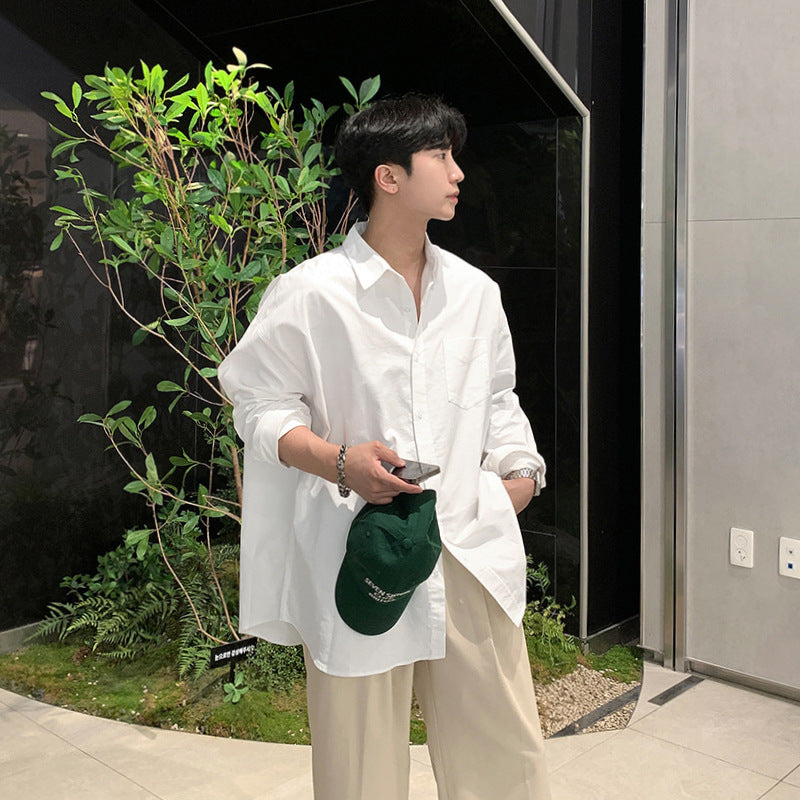 saferido mens fashion Youth White Shirt Men's Spring and Autumn New Korean Style Simple Solid Color Long Sleeve Shirt Loose Lazy Style Cotton