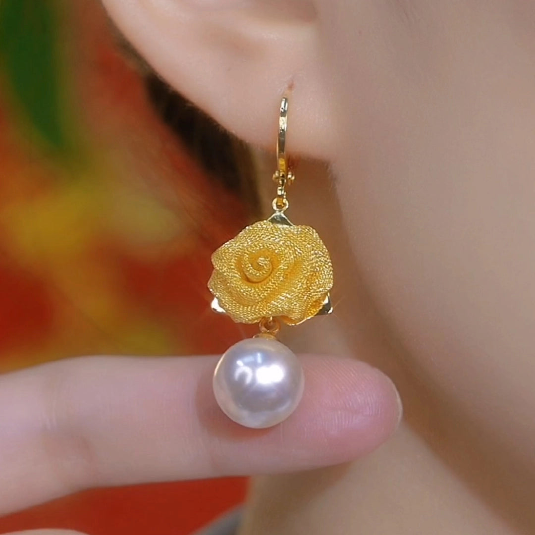 style rose pearl fringed earrings light luxury design sense hollow gold camellia earrings high-end earrings