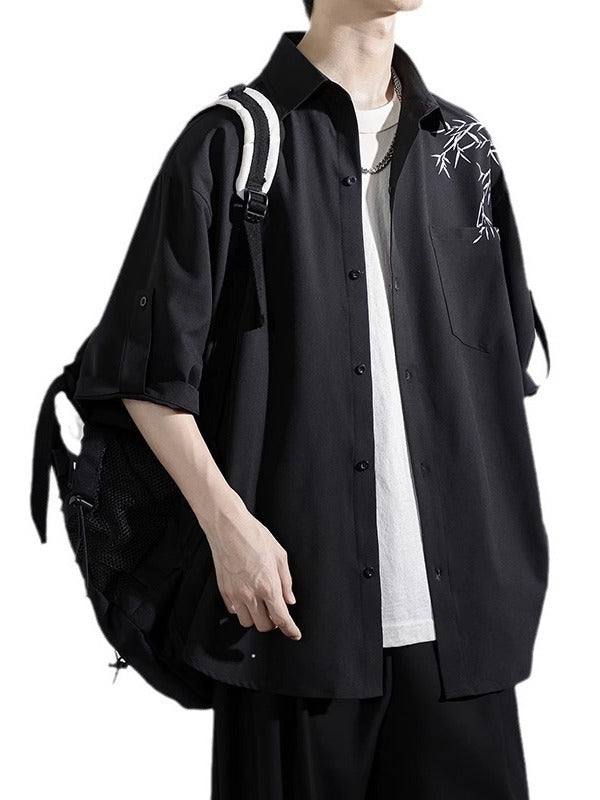 Ice silk shirt men's short sleeves summer trendy bamboo new Chinese style men's clothing Chinese style tops loose casual three-quarter sleeves
