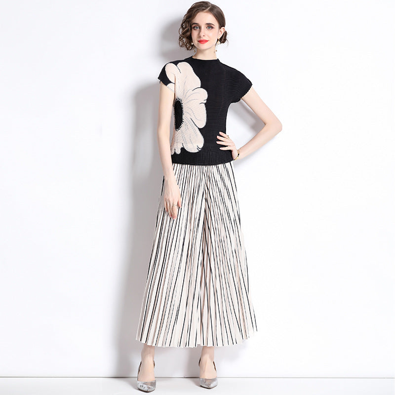 T-shirt new pleated casual print niche gradual change loose versatile wide leg pants