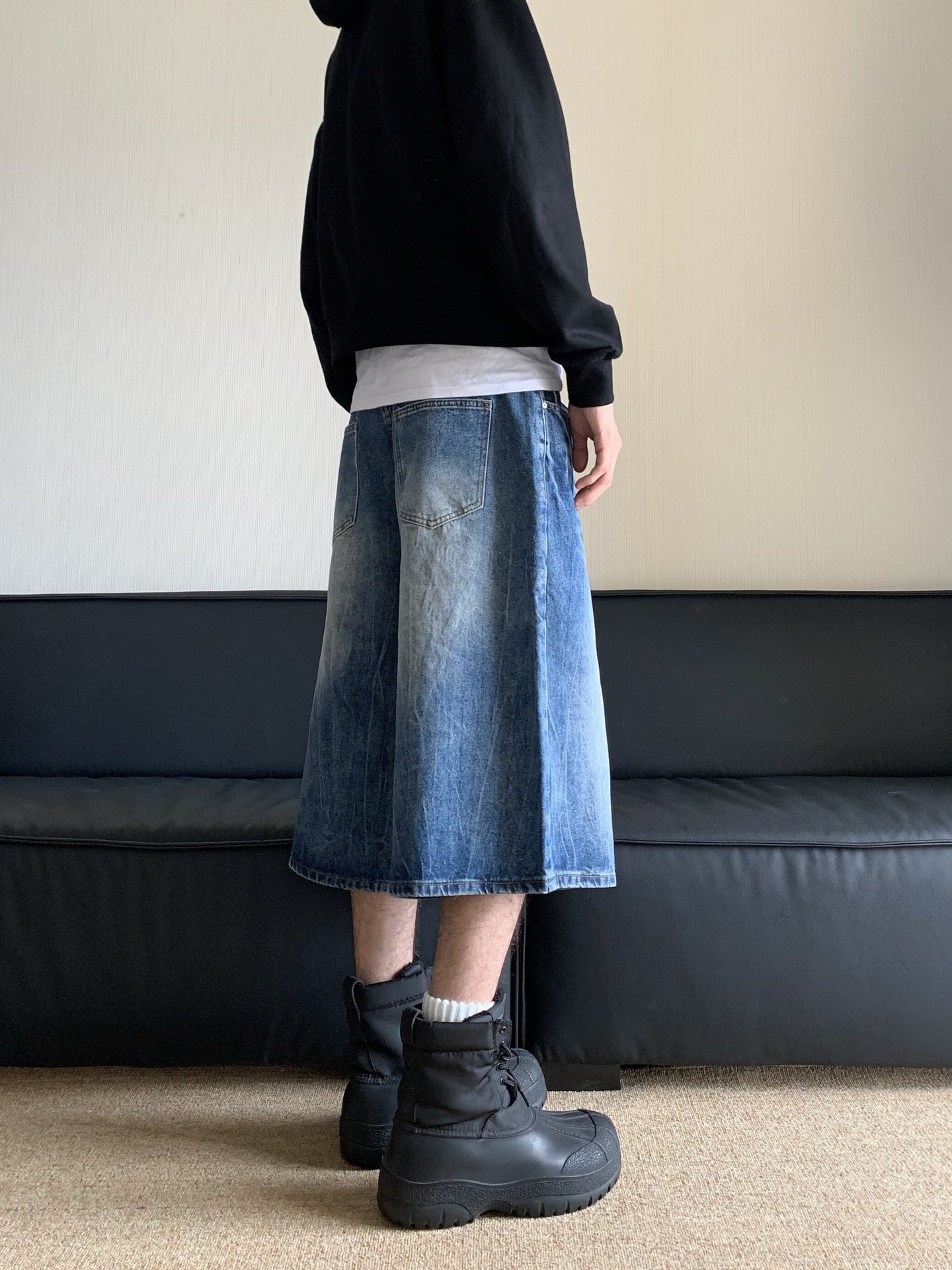 American retro distressed blue lightning denim shorts men's summer new loose straight wide-leg cropped pants drape