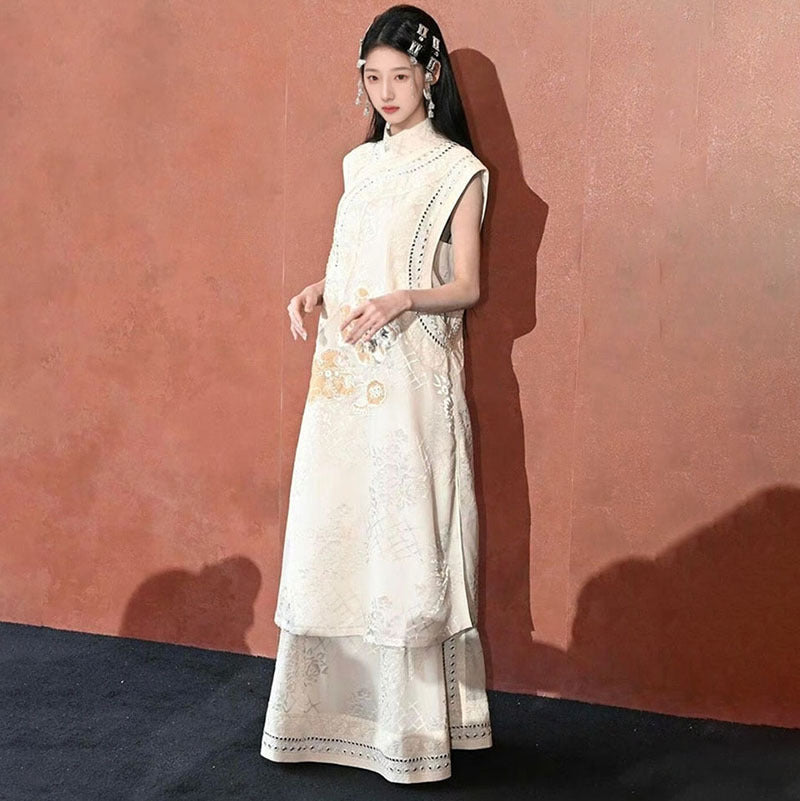 New Chinese style light luxury stand-up collar bead embroidery sleeveless sequins loose silk vest dress set MY012