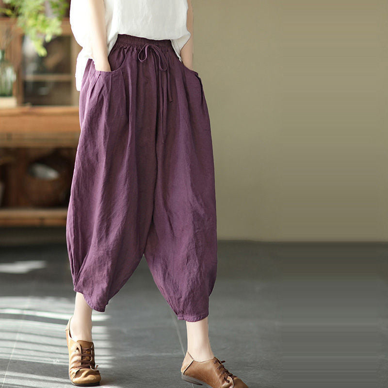 summer new literary and retro casual versatile nine-point pants loose large size thin temperament solid color Harlan pants