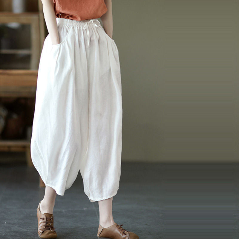 summer new literary and retro casual versatile nine-point pants loose large size thin temperament solid color Harlan pants