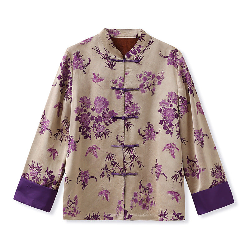 New Chinese-style new top, national style high-end buckle single ultra-purple printing design jacket autumn women M7035