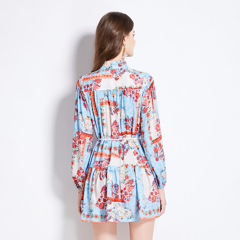 Court style dress Spring dress Women's retro lantern sleeves Lace-up waist thin short ruffle skirt dress