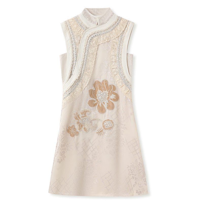 New Chinese style light luxury stand-up collar bead embroidery sleeveless sequins loose silk vest dress set MY012