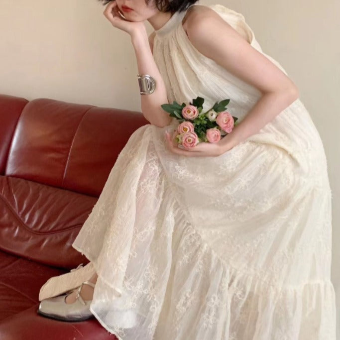 2025 Design sense niche retro texture sense flower embroidery sleeveless neck temperament long dress super fairy vacation style dress