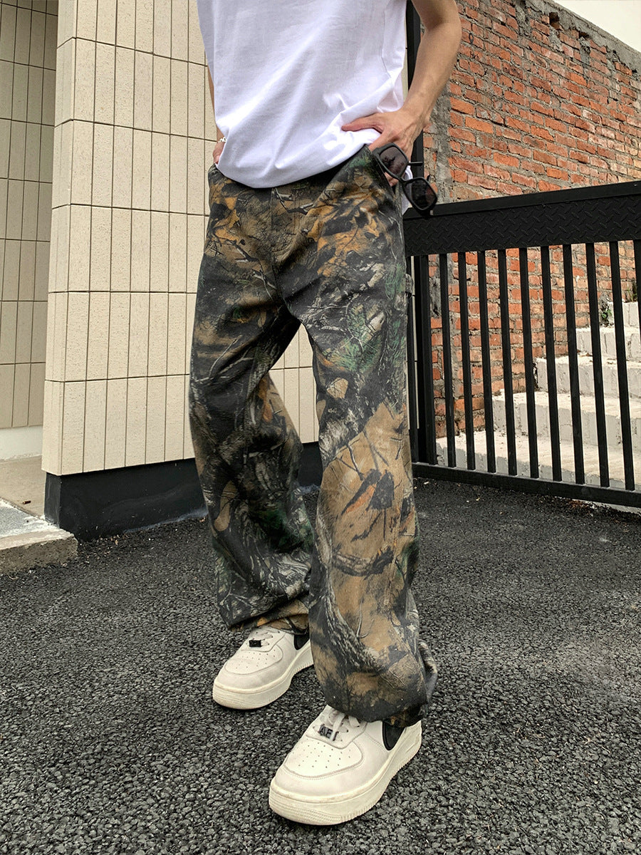 American trendy brand tree branch camouflage retro workwear casual pants men's summer handsome all-match high street loose wide-leg pants