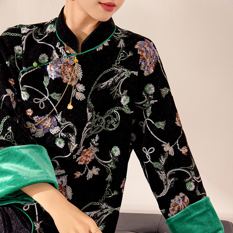 New Chinese new high-end embroidered design top spring black buckle light luxury coat women's N2001