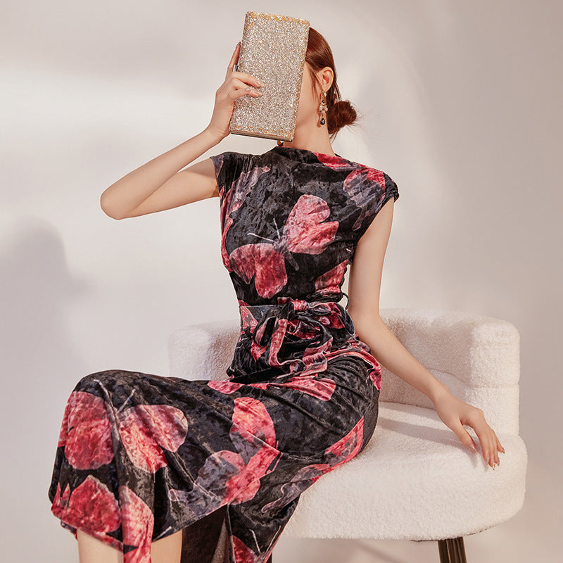 summer national style temperament elegant temperament thin retro slim print butterfly cheongsam dress LZ585