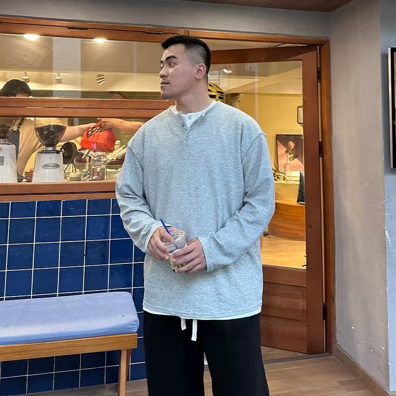 saferido guys clothing styles Japanese Retro Henry Collar Fake Two-Piece Long-Sleeved T-shirt Men's Autumn Casual Sweater Men's Autumn Bottoming Shirt