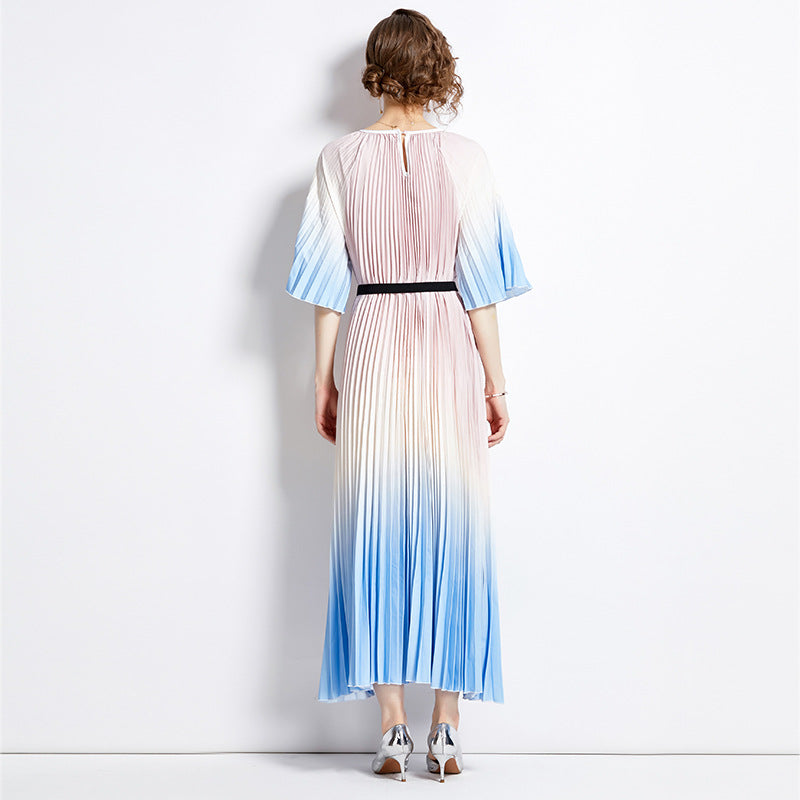 2025 style fashion gradual change color loose dress women's summer new temperament round neck lace-up skirt