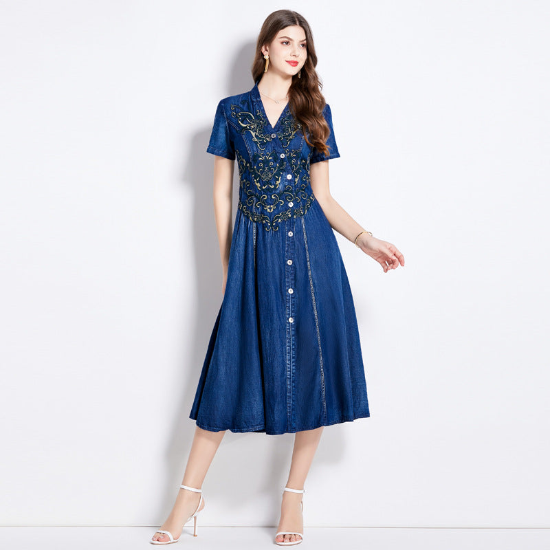 Cardigan V-neck denim dress popular summer new retro heavy industry embroidery waist thin dress ethnic style A type